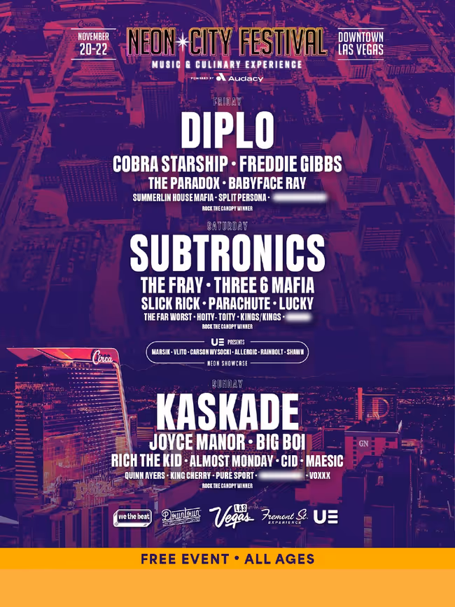 Neon City Festival 2026 in Downtown Las Vegas: Diplo, Cobra Starship, Freddie Gibbs Event Image